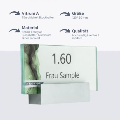 Tuerschild VITRUM A Glasschild mit Aluhalter für Buero